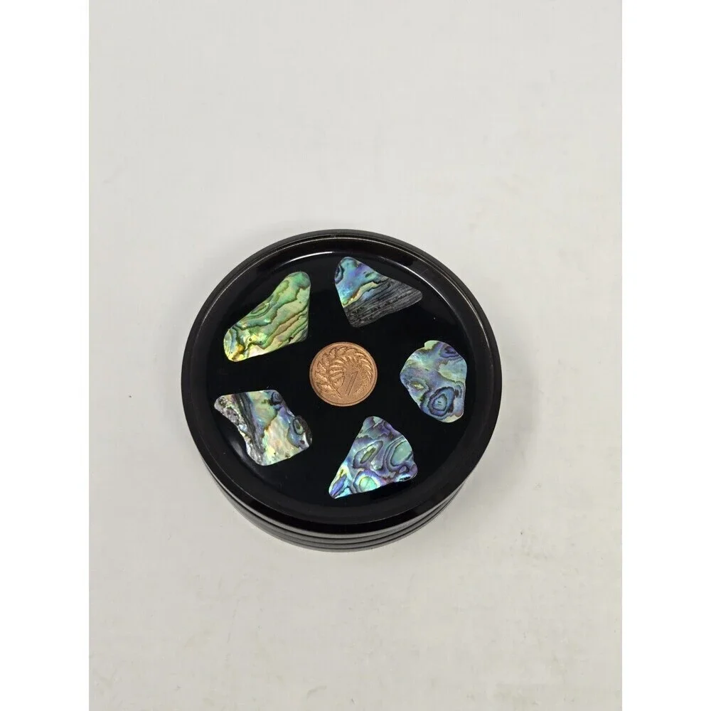 VINTAGE DRINK COASTER SET OF 6 NEW ZEALAND PAUA SHELL & COINS MONEY COLLECTIBLE